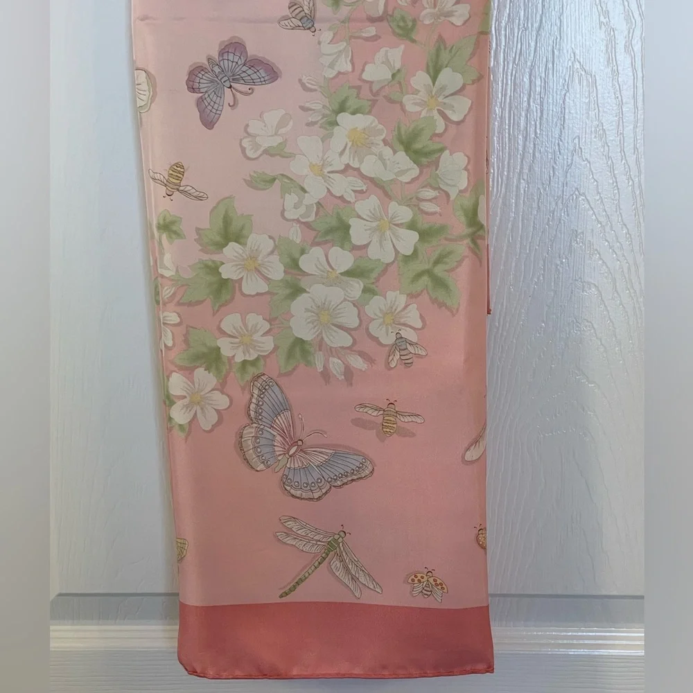 Beautiful scarf - Butterflies, dragonflies, & florals on a pink background
